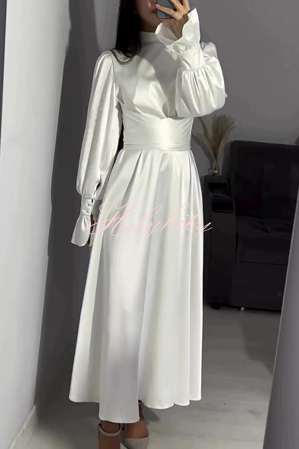 Solid Color Ruffled Sleeves Waisted Tie Slim Fit Maxi Dress