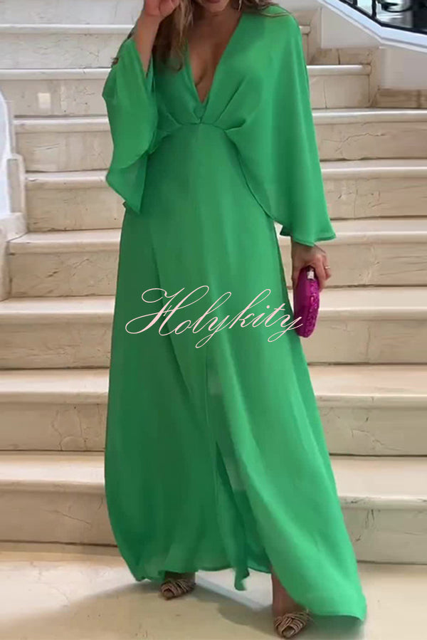 Solid Color V Neck High Waist Slit Casual Maxi Dress