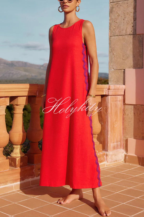 Vacation Villa Side Ric Rac Wave Trim Slit Loose Maxi Dress