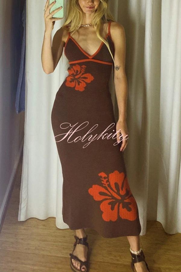 Midsummer Knit Floral Pattern Mermaid Hem Halterneck Stretch Midi Dress