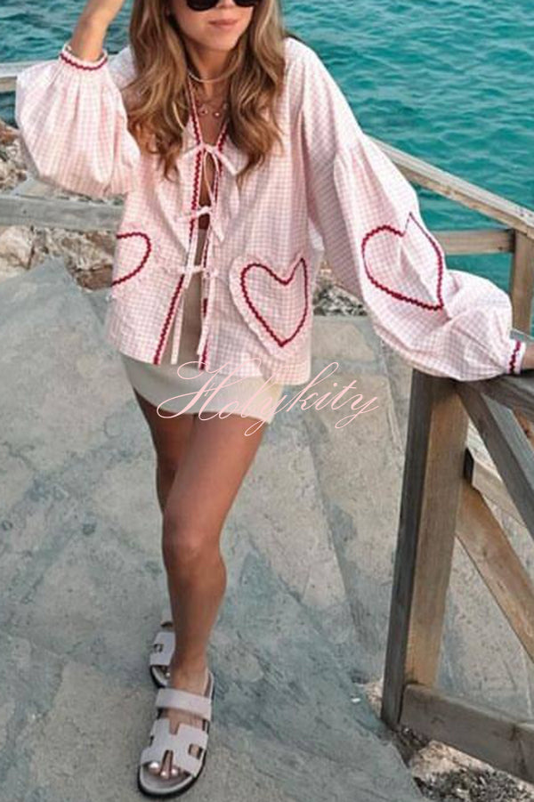 Lovely Plaid Heart Pattern Casual Lace-up Pocket Loose Shirt