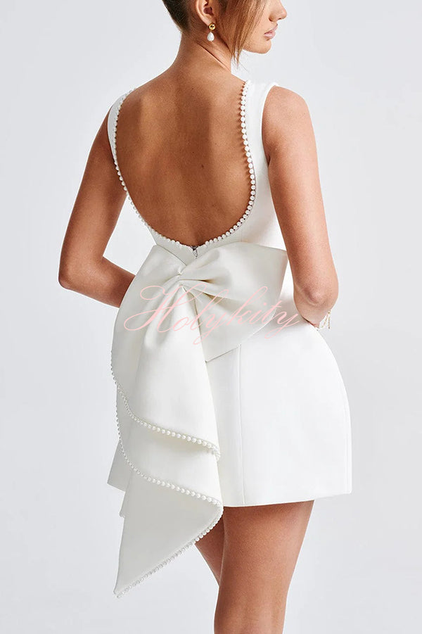 Stylish Pearl-embellished Large Bow Slim-fit Mini Dress