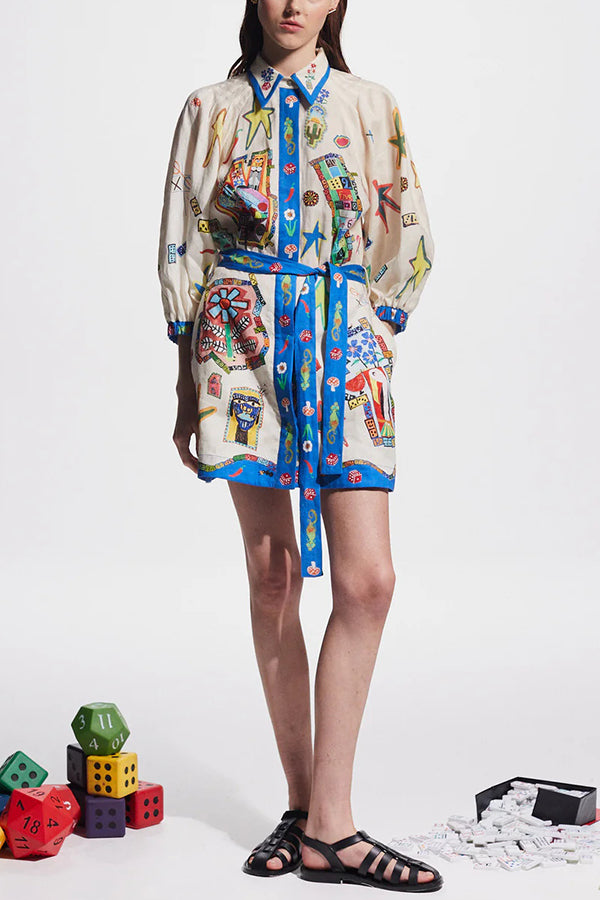 Linen Blend Unique Printed Balloon Sleeve Pocket Tie Waist Mini Dress