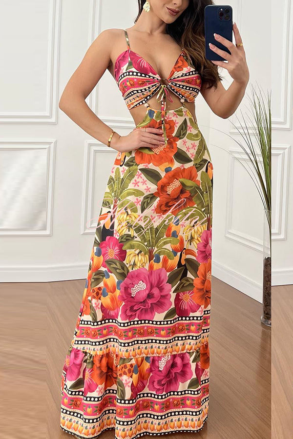 Mexico Style Tropical Print Ring Cutout Lace-up Vacation Maxi Dress