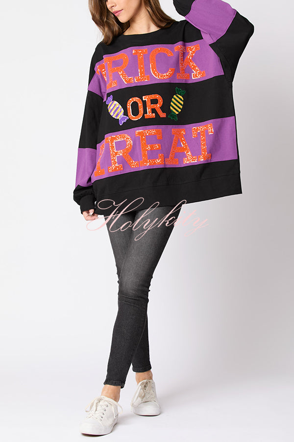 Halloween Letter Sequined Color Block Loose Casual Sweatshirt