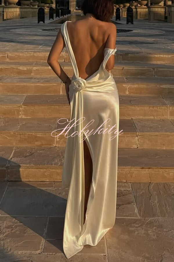 Darling Satin Cowl Neck 3D Rose Detail Backless Slit Drape Maxi Dress