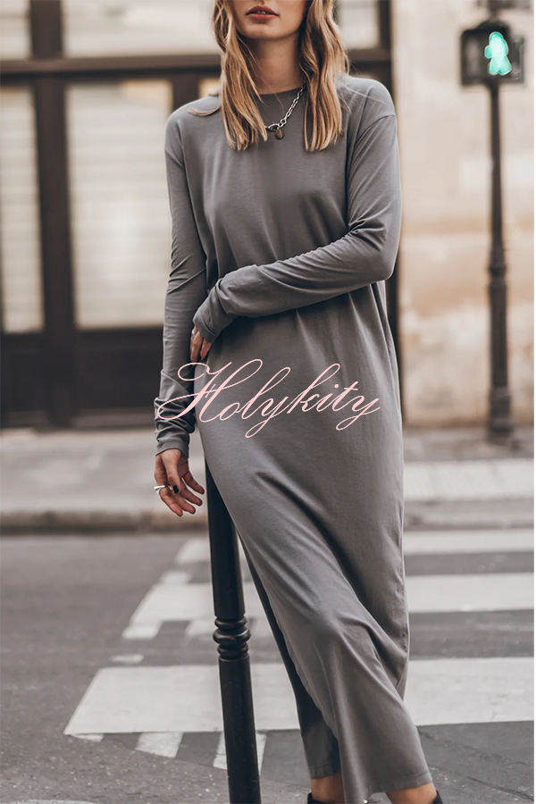 The Bedisse Cotton Blend Long Sleeve Relaxed Slit Midi Dress