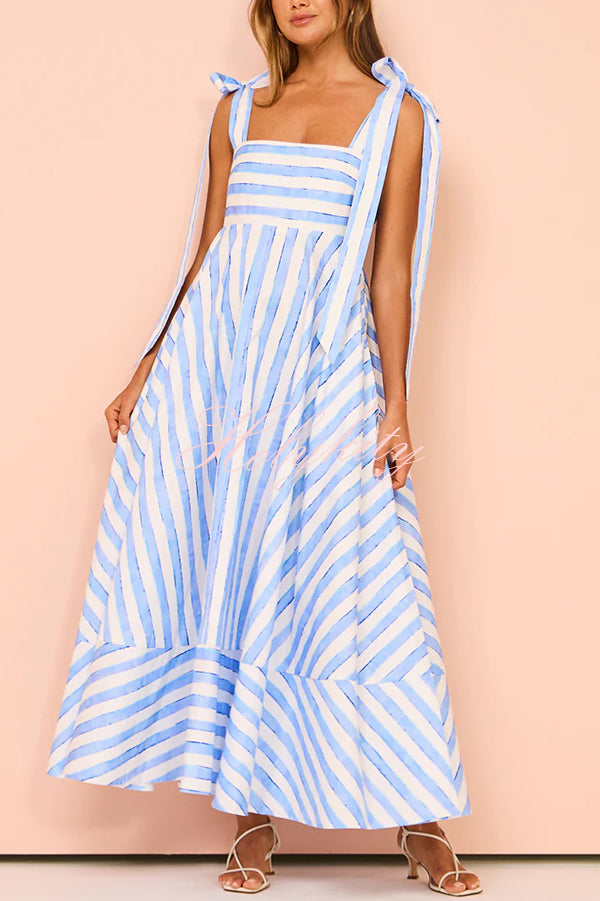 Treasured Times Stripe Print Tie-up Shoulder Pocketed A-line Maxi Dress