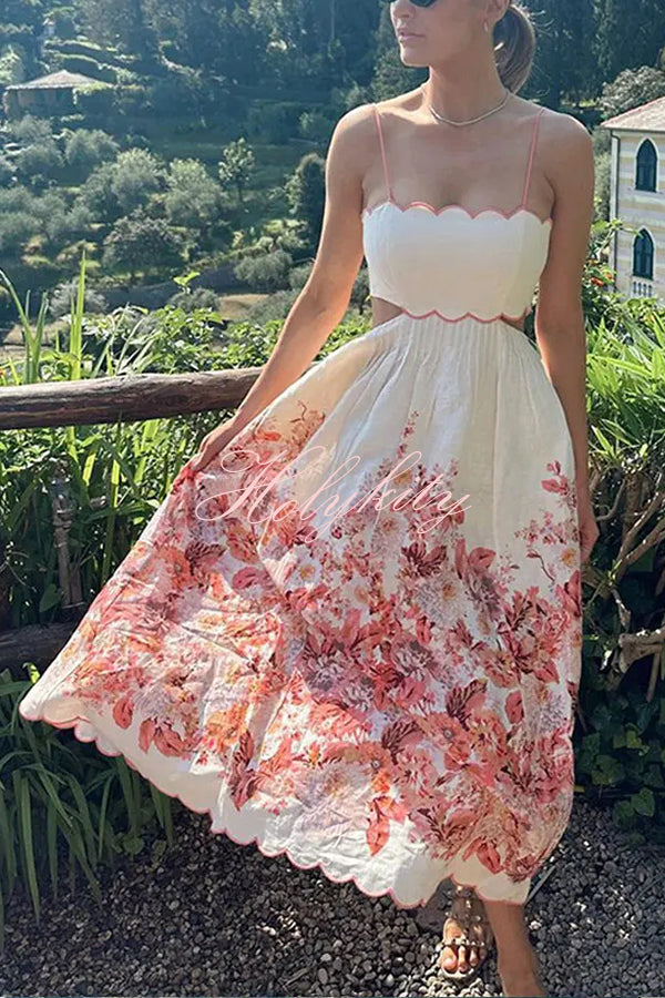 Cabo Sunsets Floral Print Petal Trim Back Lace-up Pocket Midi Dress