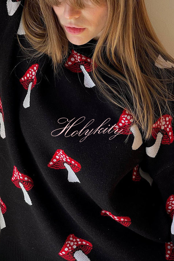 Mushroom Pattern Casual Loose Round Neck Knitted Sweater