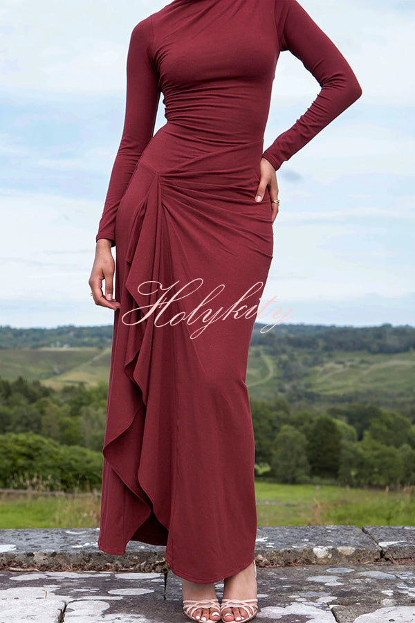 Venus Long Sleeve Ruched Side Slit Drape Ruffles Back Lace-up Stretch Maxi Dress