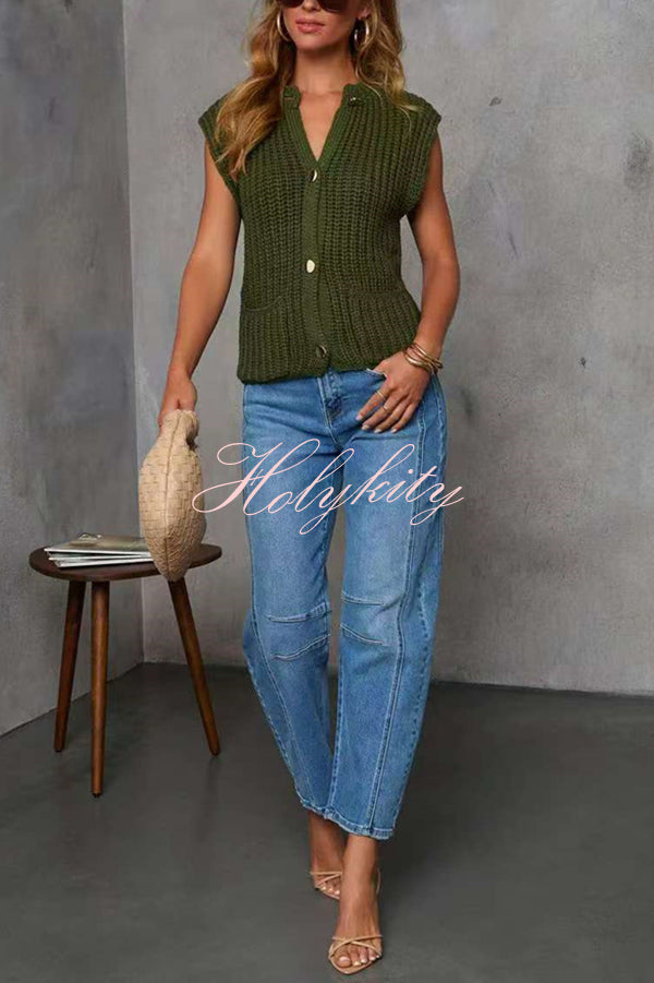 Solid Color Sleeveless Button Pocket Knit Vest