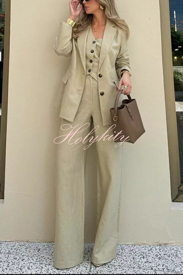 Solid Color Lapel Blazer + Slim Waistcoat and Pocket Wide-leg Pants Three-piece Set