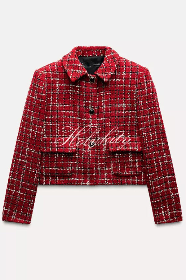 Tweed Plaid Textured Long-sleeved Casual Pocket Jacket