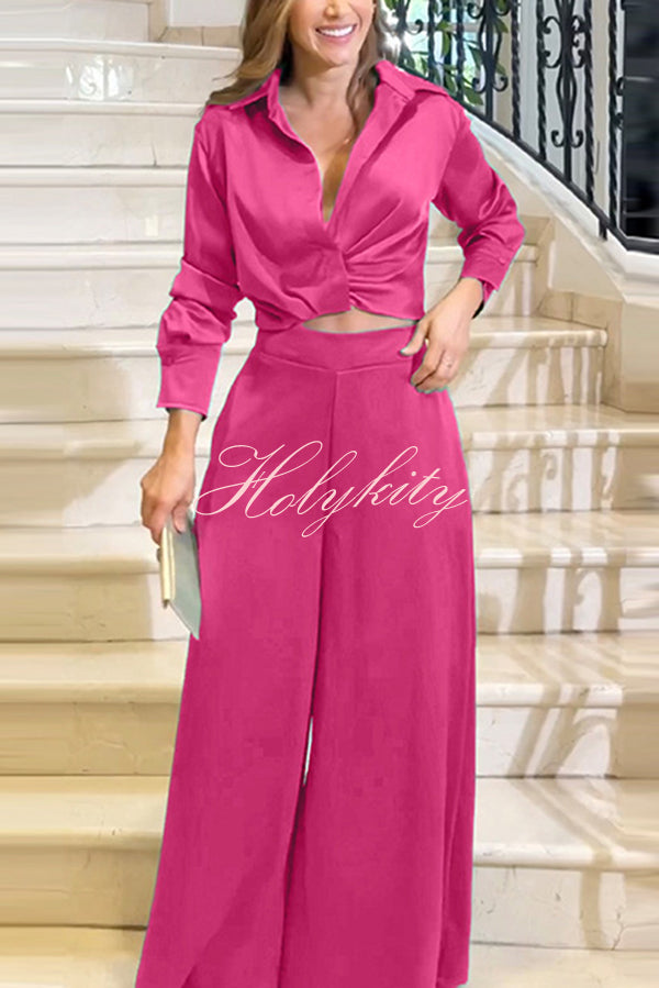 Satin Solid Color Lapel Long Sleeve Blouse and Loose-fitting Pocket Wide Leg Pants Set