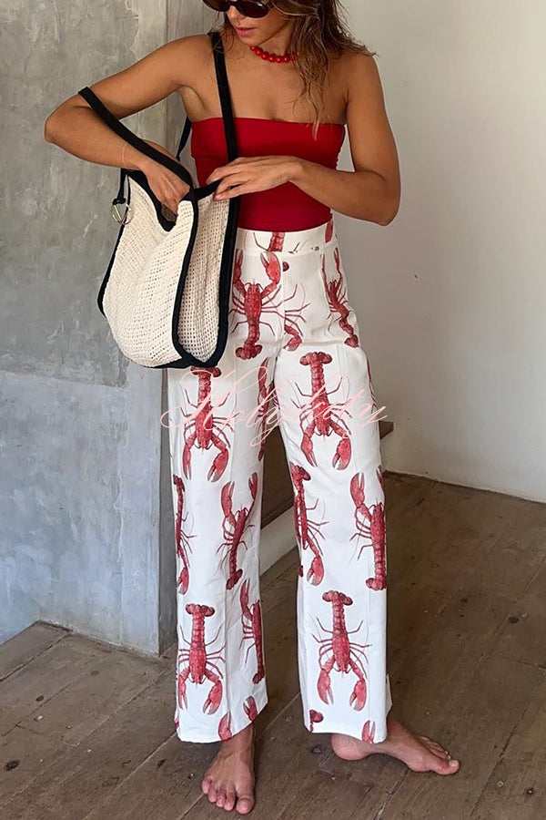 Fun Vacation Lobster Print High Rise Straight Pants