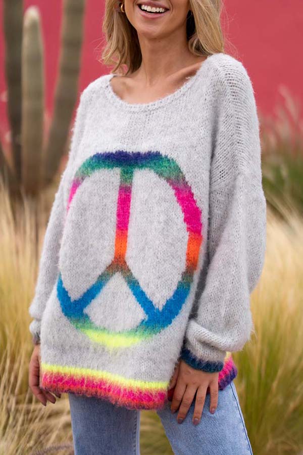 Love and Peace Knit Rainbow Pattern Loose Pullover Sweatershirt