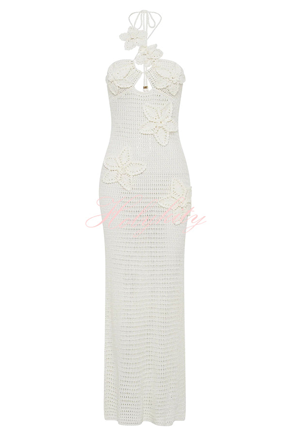 Call It Chic Knit Floral Crochet Halter Fishtail Hem Maxi Dress