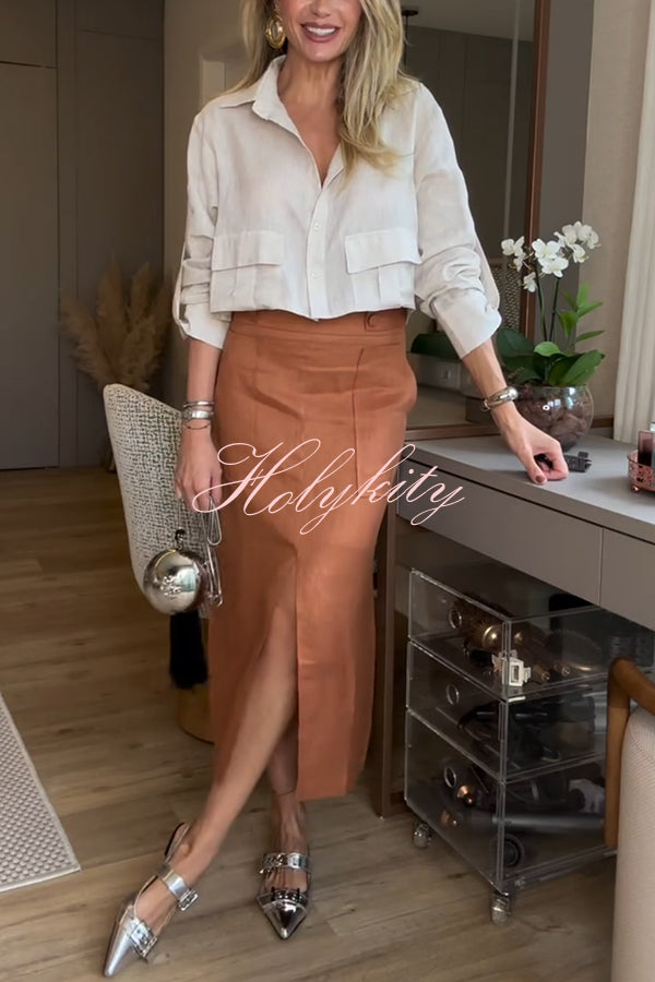 Fiona Linen Blend Pocket Crop Shirt and Elastic Waist Pocket Slit Midi Skirt Set