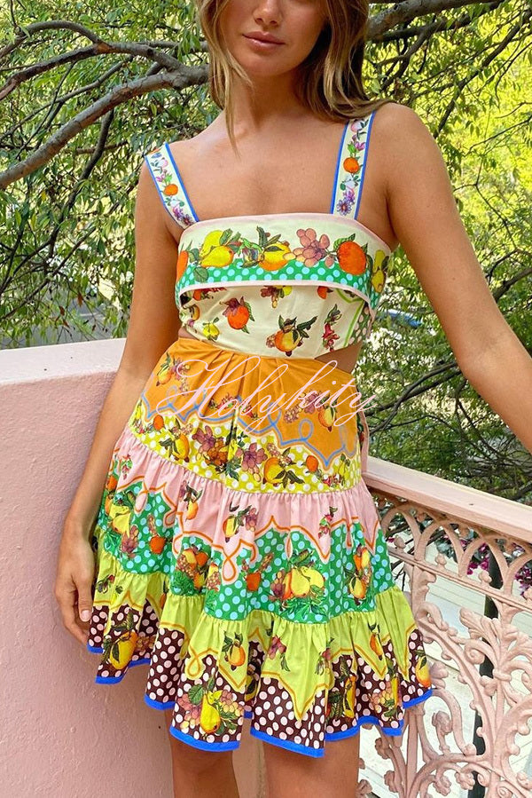 Sweet and Sour Summer Multicolor Lemon Print Pleated Hem Mini Dress