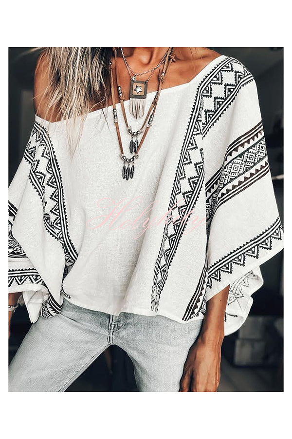 Stay and Chat Linen Blend Ethnic Print Dolman Sleeve Loose Top