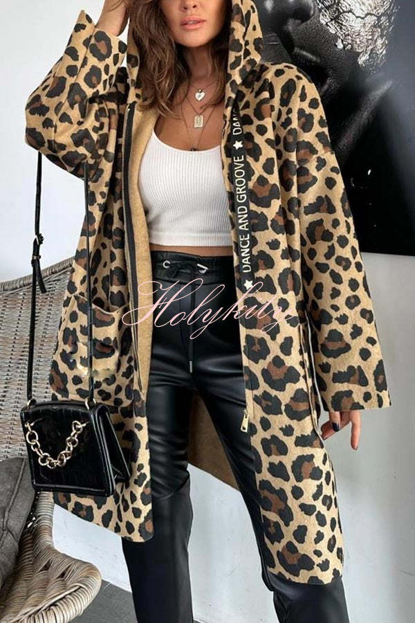 Fall Dreaming Animal Print Zipper Pocket Loose Hooded Midi Coat