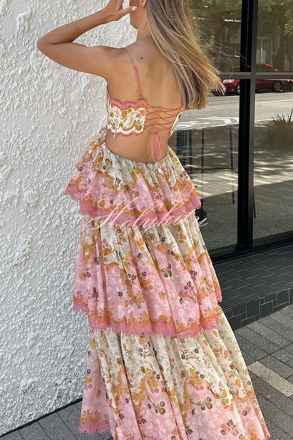 Charming Smile Floral Print Scalloped Lace-trim Back Tie-up Tiered Maxi Dress