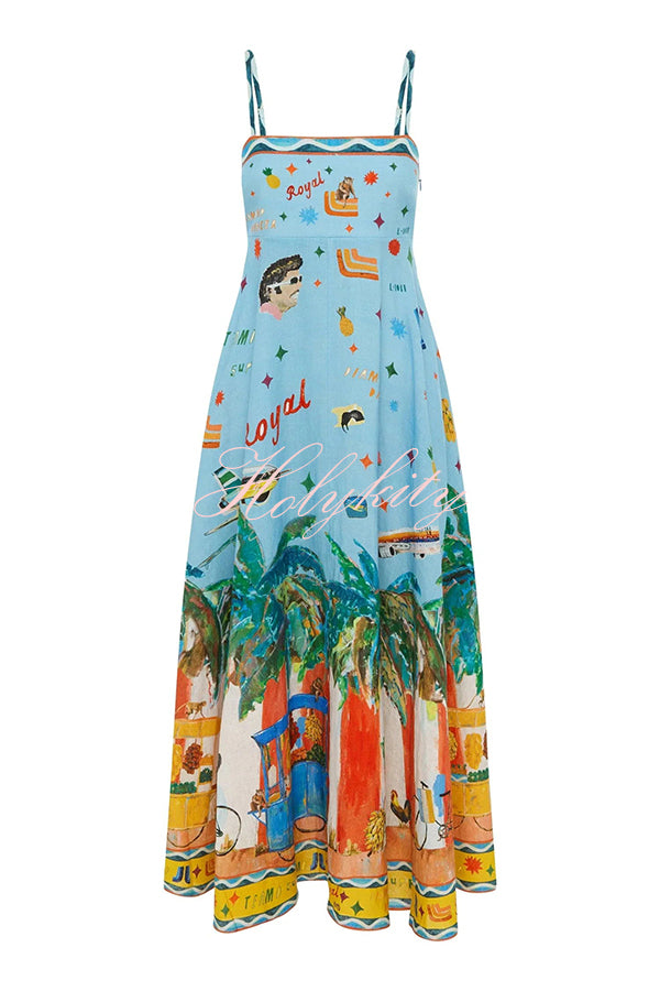 Summer Energy Linen Blend Unique Print Smocked Back Pocketed Midi Dress