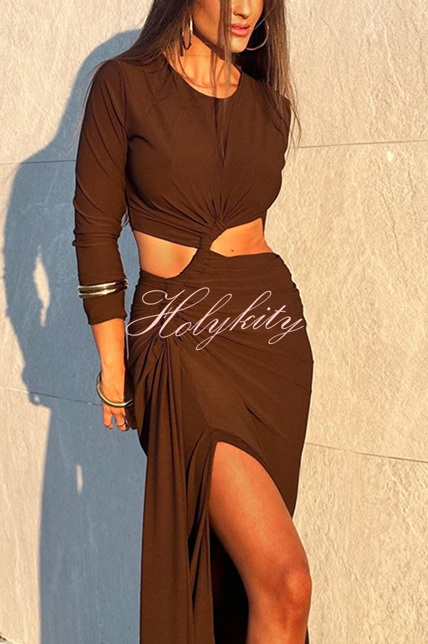 Solid Color Round Neck Long Sleeve Sexy Exposed Waist Slit Maxi Dress