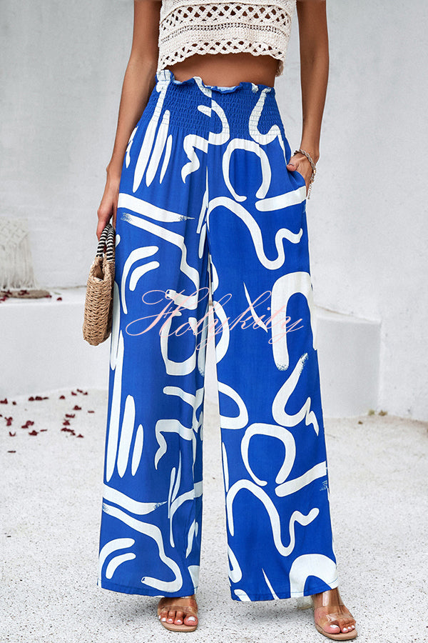 Uniquely Printed Ruffled Elastic Waist Pocket Pleated Wide Leg Pants