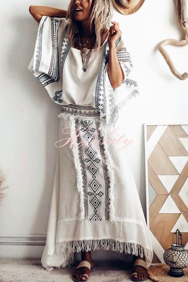 Beach Chic Linen Blend Ethnic Print Patchwork Tassel Elastic Waist A-line Skirt