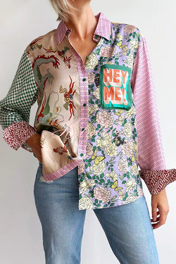 Dragon Season Unique Print Patchwork Pocketed Loose Shirt