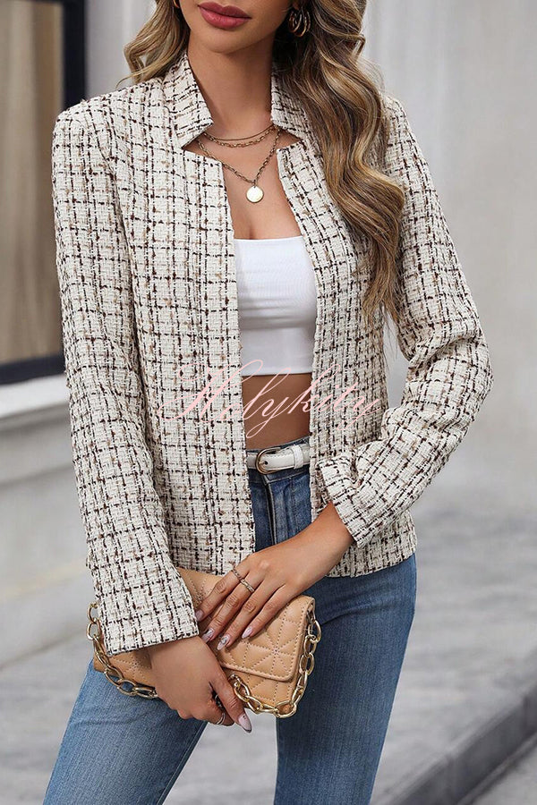 Ask You Out Tweed Plaid Long Sleeve Open Front Blazer