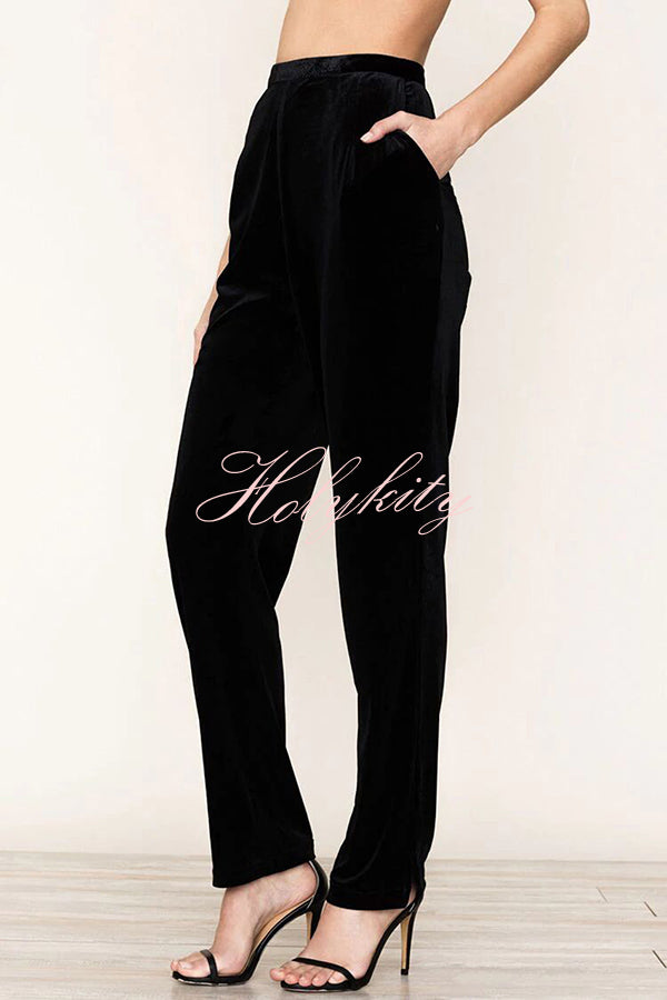 Solid Color Velvet Long-sleeve Blazer and Elastic Waist Pocket Pants Set