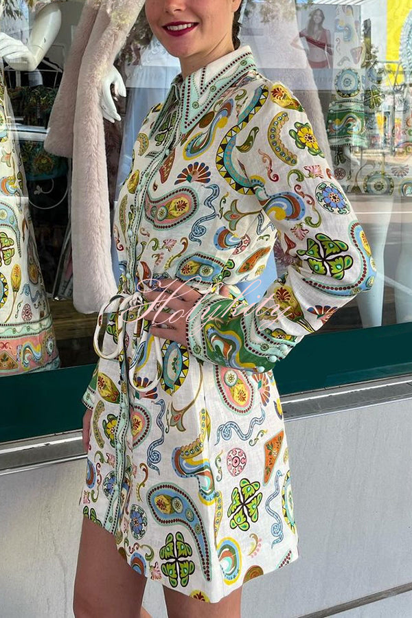 Mila Linen Blend Unique Print Shaped Collar Tie-up Waist Shirt Mini Dress