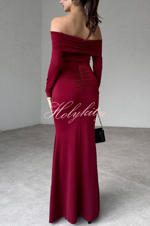 Naia Off Shoulder Long Sleeve Metal Buckle Adjustment Drape Stretch Maxi Dress