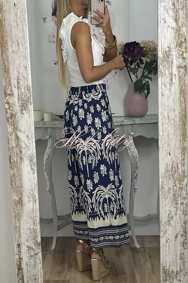 Unique Print Elastic Waist Loose Pocket Holiday Wide Leg Pants