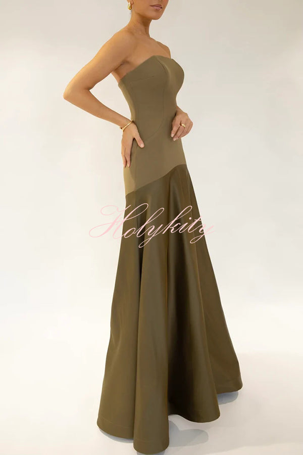 Timeless Elegance Satin Patchwork Strapless Flare Gown Maxi Dress