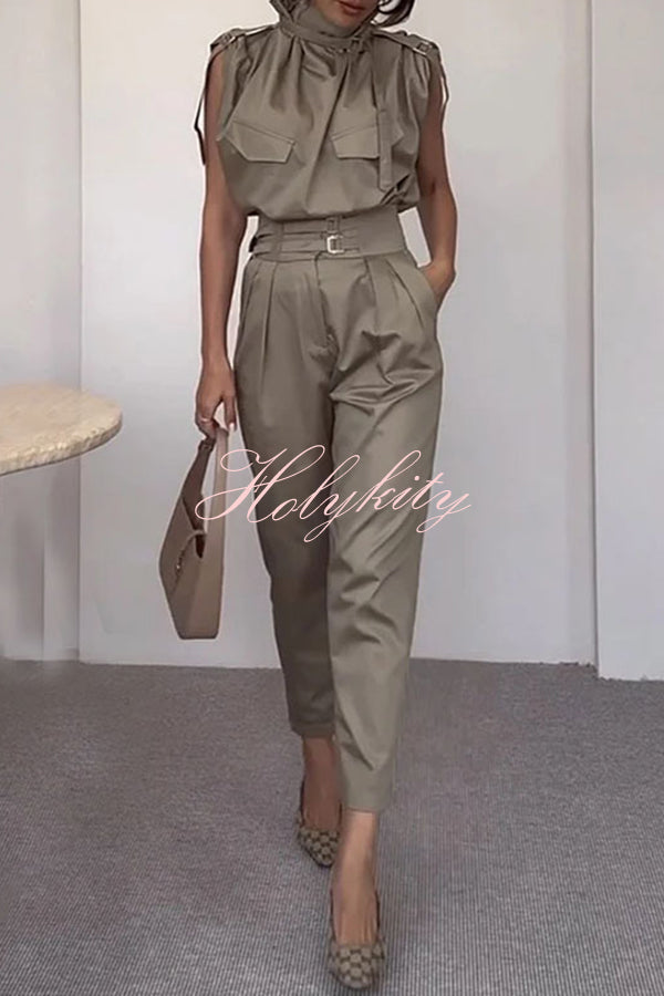 Statement Breast Pocket High Neck Top and Side Pocket Belt Long Pant Set