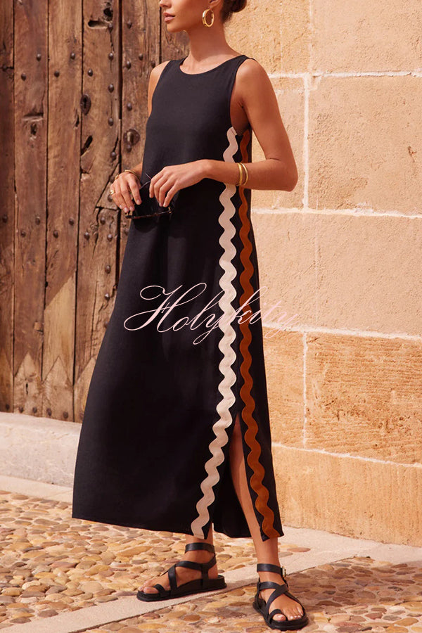 Vacation Villa Side Ric Rac Wave Trim Slit Loose Maxi Dress