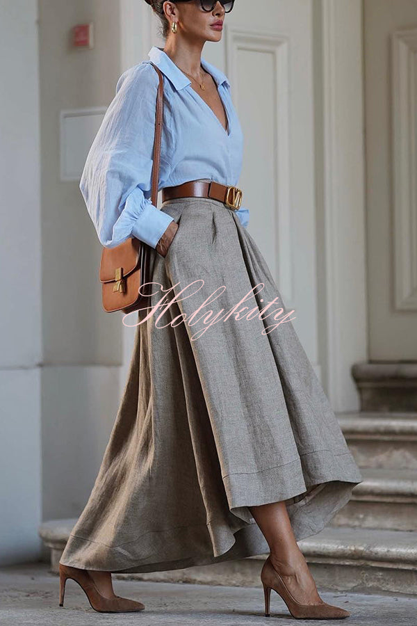 Caught A Vibe Linen Blend Back Elastic Waist Pocketed High Low Maxi Skirt