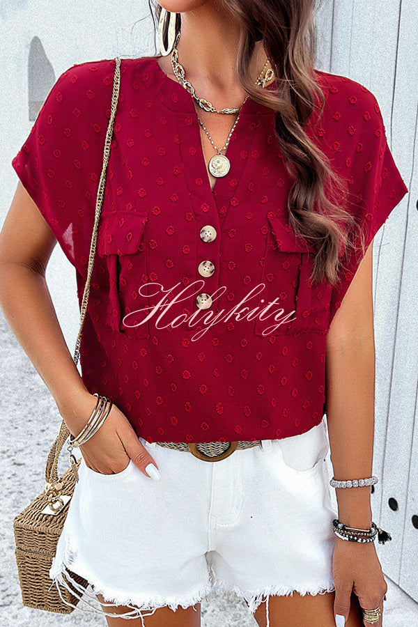 Simple Embroidered V Neck Pocket Button Down Short Sleeved Shirt