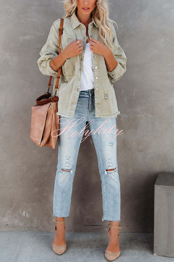 Stylish Lapel Long Sleeve Ripped Denim Jacket