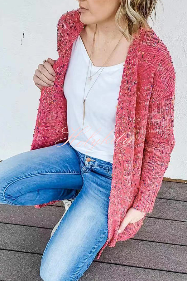 Aminga Colorful Spotted Pocket Crochet Long Sleeved Cardigan