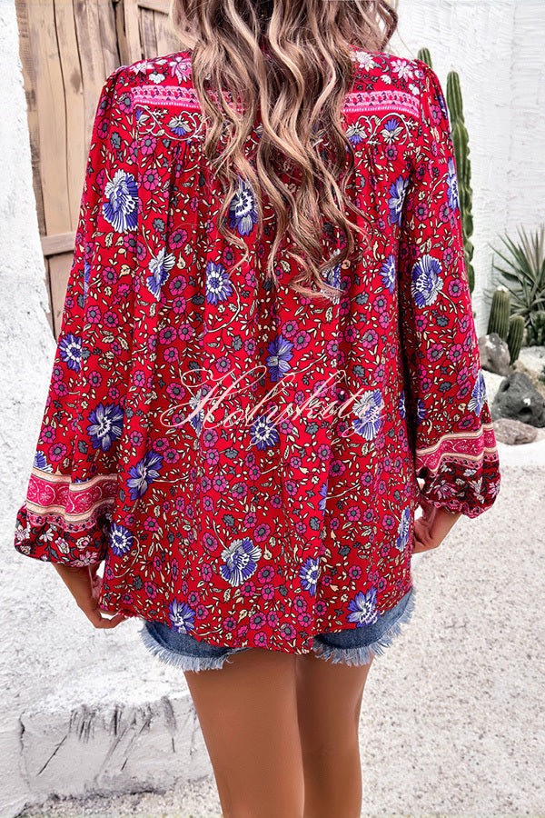 Intricate Floral Print V Neck Lace Up Paneled Long Sleeve Shirt