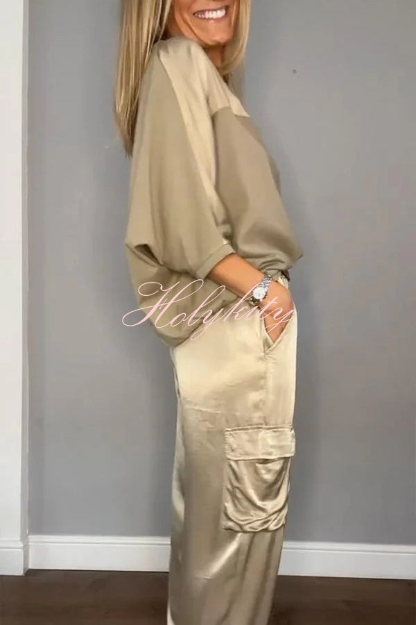 Calissa Smooth Satin Half-sleeved Top and Elastic Waist Pocket Pants Set