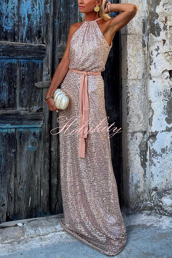 Evenings on The Island Sequin Halter Neck Belted Loose Maxi Dress