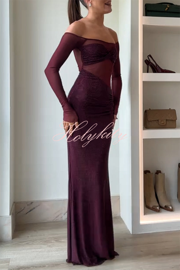 Forever Shimmering Sequin Mesh Patchwork Long Sleeve Strapless Stretch Maxi Dress