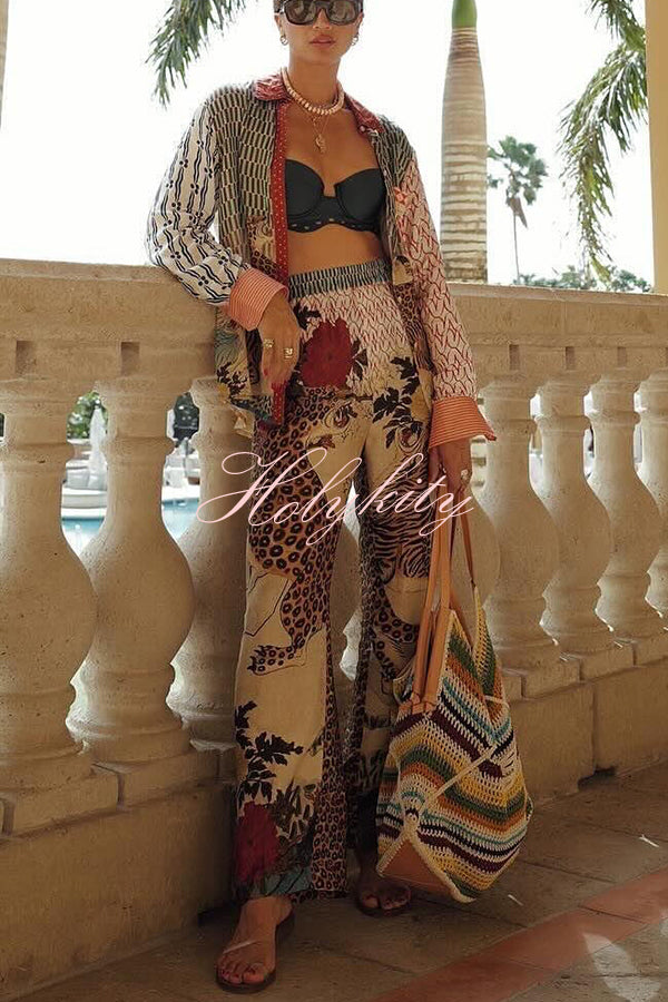 Tropical Jungle Tiger Unique Print Long Sleeve Loose Shirt and Elastic Waist Pants Set