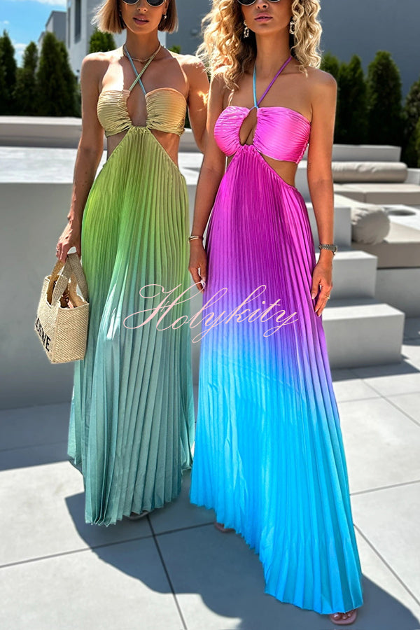 Get Ready Beautiful Gradient Print Cutout Halterneck Pleated Maxi Dress